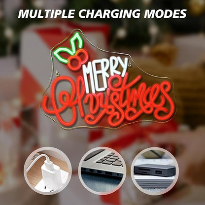 Merry Christmas Neon Sign, LED Sign XMAS Holly Berries for Christmas Decor, Holiday Wall Decoration, USB Powered, Adjustable Brightness