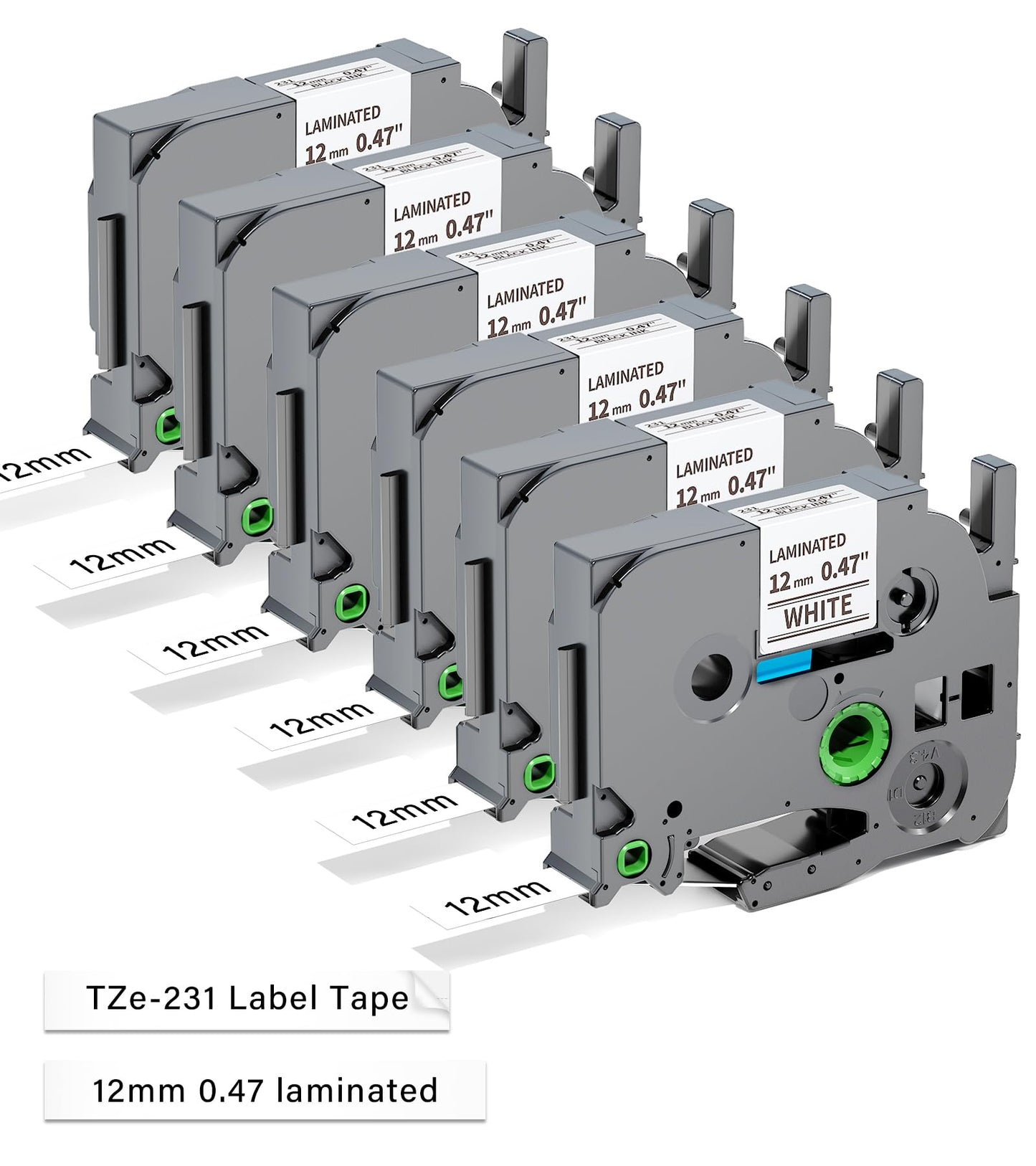 Replace for Brother P-Touch Label Tape 12mm 0.47" Laminated White TZ Tape TZe-231 TZe231 Compatible with Brother Ptouch Label Maker PT-D210 PTH110 PTD220 PTD410, 6-Pack