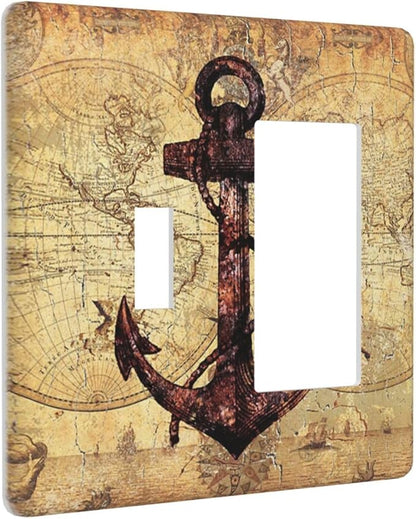 Anchor Nautical Vintage Map 2 Gang Light Switch Covers Single Toggle Rocker Combo Wall Plate Electrical Faceplate Decorative Switchplate for Office Livingroom Home Decor