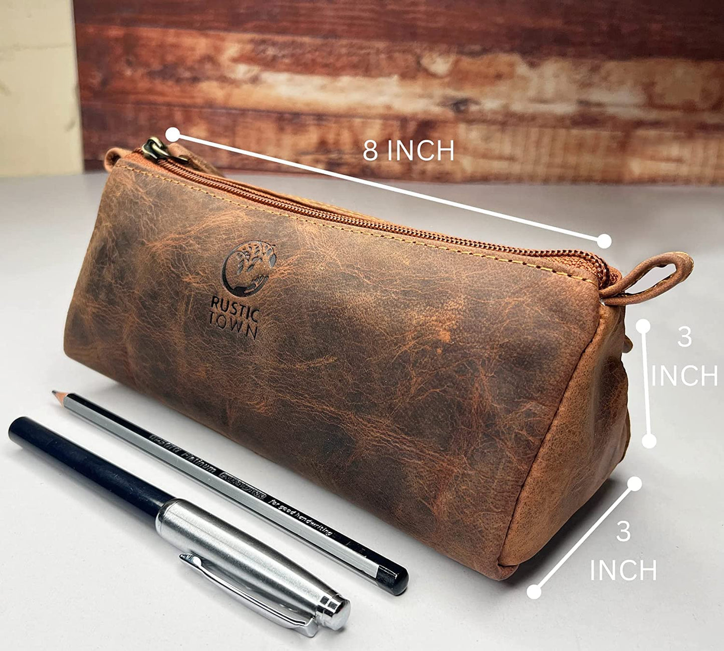 Rustic Town Leather Pencil Case - Vintage Zippered Pencil Pouch & Pen Case for Adults, Artists, Writers - Gift for Men & Women