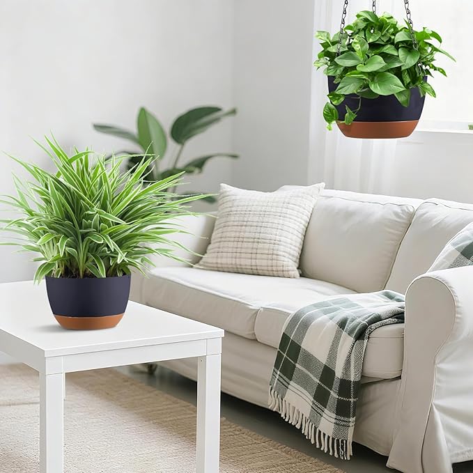 Set of 2 8 Inch Self Watering Hanging Planters for Indoor Outdoor Plants, Color Blocking Hanging Baskets Flower Pots with Drainage Hole & Removable Water-Storage Tray and 20" Chain Hanger