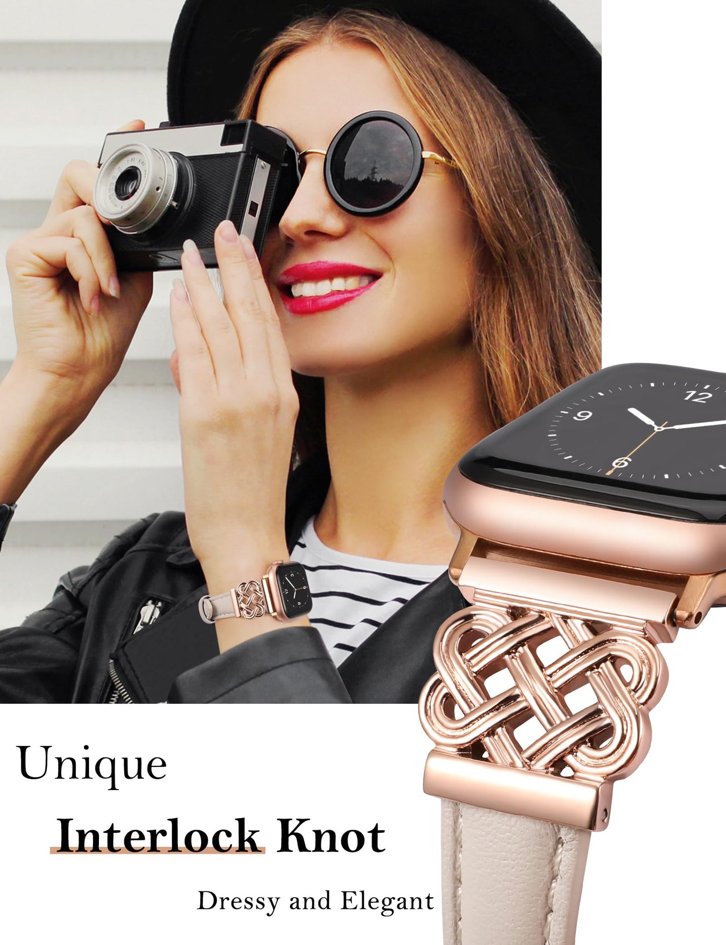 TOYOUTHS Compatible with Apple Watch Bands Women 38/40/41/42mm Dressy Slim Leather Strap with Celtic Knot Interlock Buckle Bracelet for iWatch Series 11 10 9 8 7 6 5 4 SE 3 2 1, Starlight/Rose Gold