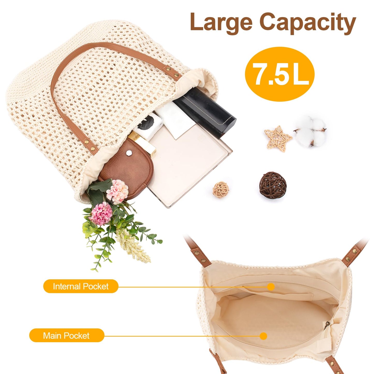 Peicees Crochet Beach Bag Purse, Boho Woven Tote with Leak-Proof Lining For Summer Vacation Travel Casual Shoulder Bag Soft