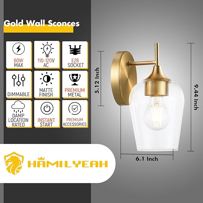 Hamilyeah Brass Wall Sconce Lighting Fixture, Gold Bathroom Lighting with Clear Champagne Glass Shade, Classy and Simple Wall Lights for Bedside, Theater, Dining Room,Rest Room