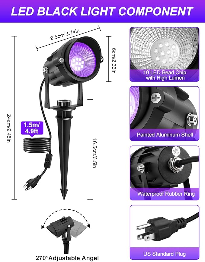 Halloween Outdoor Black Light Spotlight, LED Black Lights Waterproof Landscape Lights with US Plug for Glow Party Body Paint Fluorescent Poster Stage Lighting Yard Garden Decoration(6 Pack)