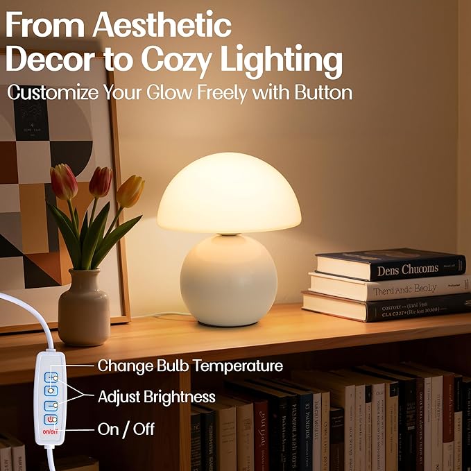 Small Mushroom Lamp,USB-Plug in Bedside Table Lamps with 3-Temperature LED Bulb Dimmable,Unique Cute Aesthetic Home Decor for Living Room,Bedroom, Modern Ceramic Base Glass Lamp(White)