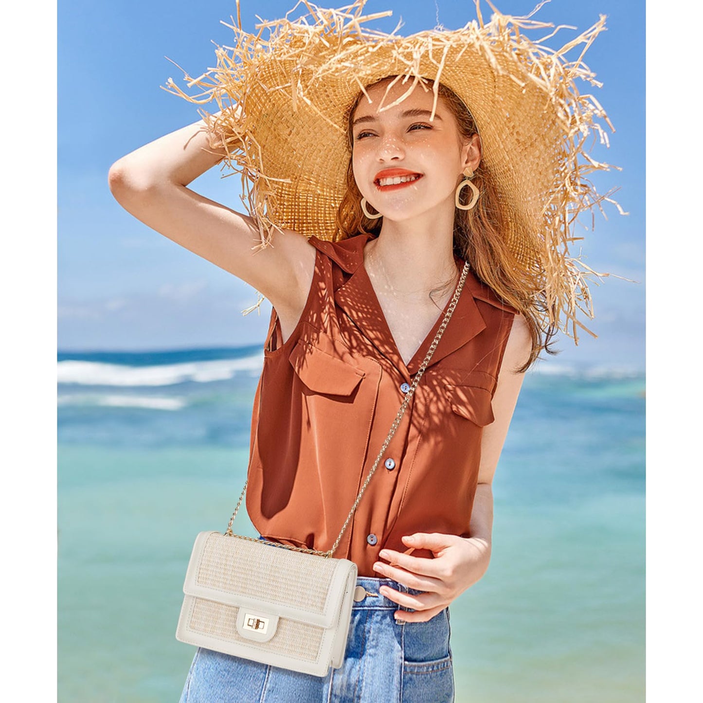 KKXIU Women Small Straw Beach bag Crossbody Bag Summer Shoulder Bag Beach Handbag Vegan Leather Purse (Beige)