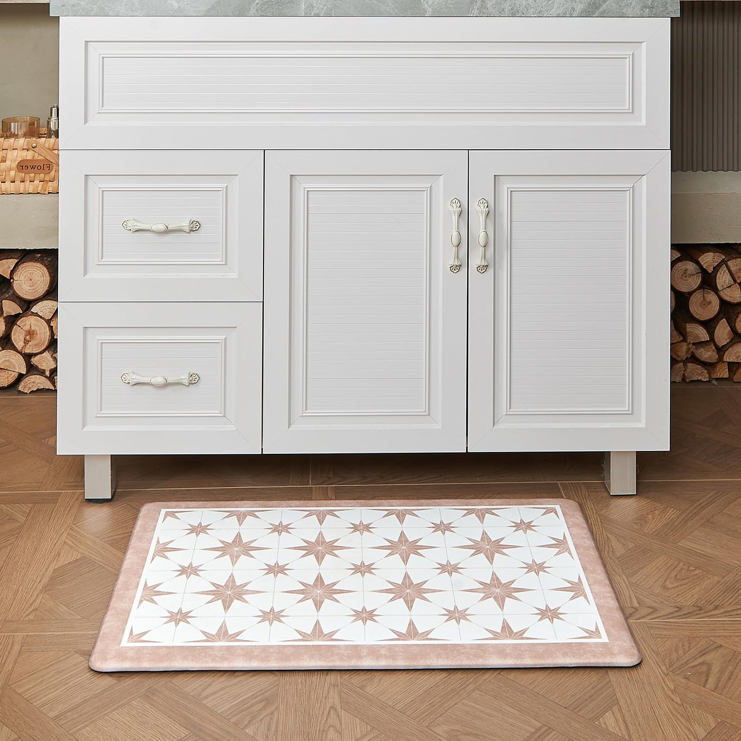 OnesCosy Anti Fatigue Kitchen Mat Set of 2, Beige Kitchen Floor Mat, Cushioned Kitchen Rug, Non Slip Comfort Standing Mat for Floor, Tan Star Tile, 17.3"x27.6"+17.3" x47.2