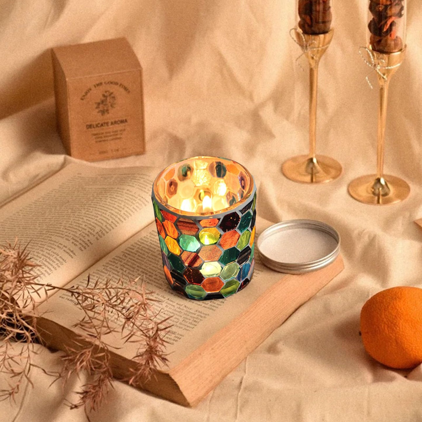 Glass Mosaic Candle Holder, Stained Glass Candle Holder Tealight Holders Decorative Mosaic Votive Candle Holder Handcrafted Glass Tea Light Holder for Table Centerpieces, Birthday Party, Home Decor