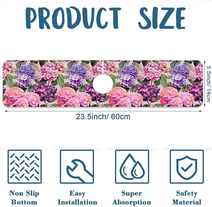 Colorful Hydrangea Kitchen Sink Splash Guard Faucet Mat Purple Pink Hydrangea