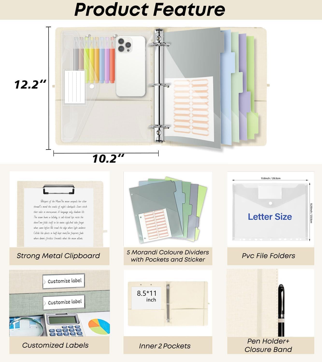 1 Inch 3 Ring Linen Binder Organizer, BVSSX Three Ring Binders with Clipboard, Plastic Folder, 5-Tabs Pocket Dividers with Sticker Labels, Pen Loop, Elastic Strap (Beige, Letter Size)