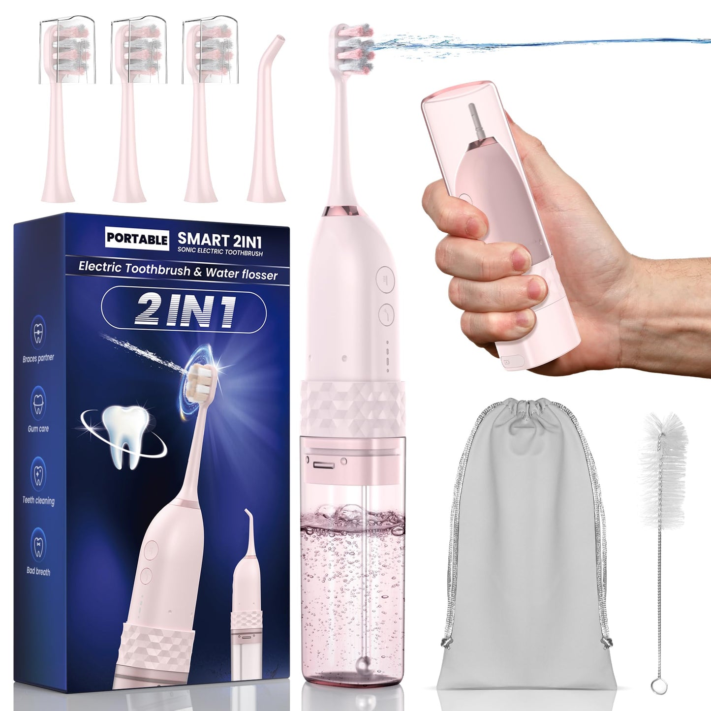 Portable Water flosser with Electric Toothbrush, 2 in 1 Teeth Cleaning Kit, Electric Toothbrush and flosser Combo, Water Flosser for Travel and Home (Black)