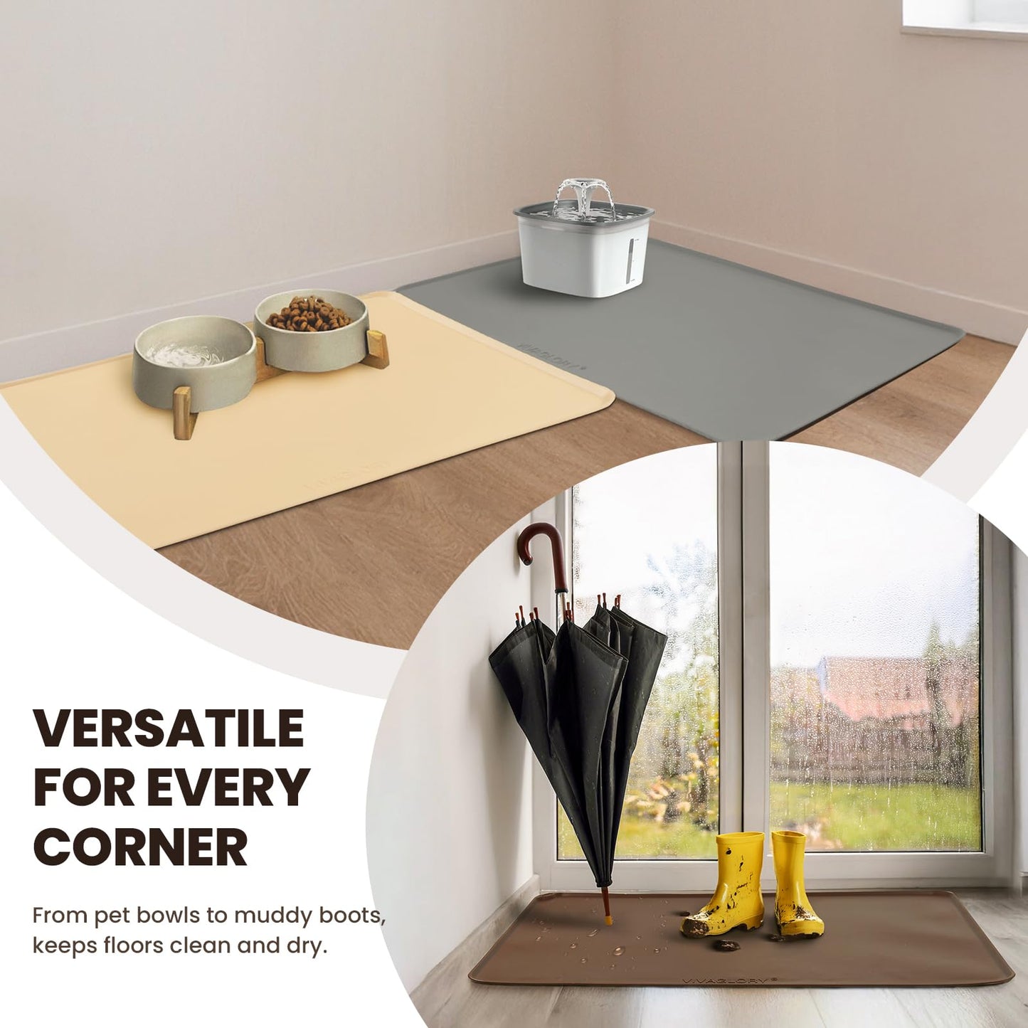 VIVAGLORY Dog Food Mat Flexmat Dog Bowl Mat, Placemat Food Tray with Raised Edges & Lip for Indoor Floor, Non Slip Waterproof Silicone Dish Placemat for Cat & Pet, S, Grey