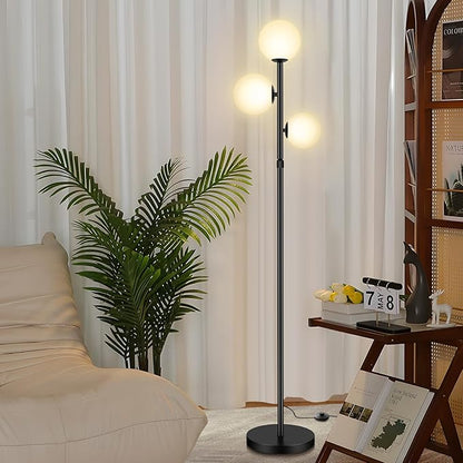 67" Mid Century Floor Lamps for Living Room, 3 Globe Floor Lamp with Frosted Glass Shades, Adjustable Height Standing Lamp with Foot Switch, Tall Lamps for Bedroom Office, G9 Bulbs Included, Black