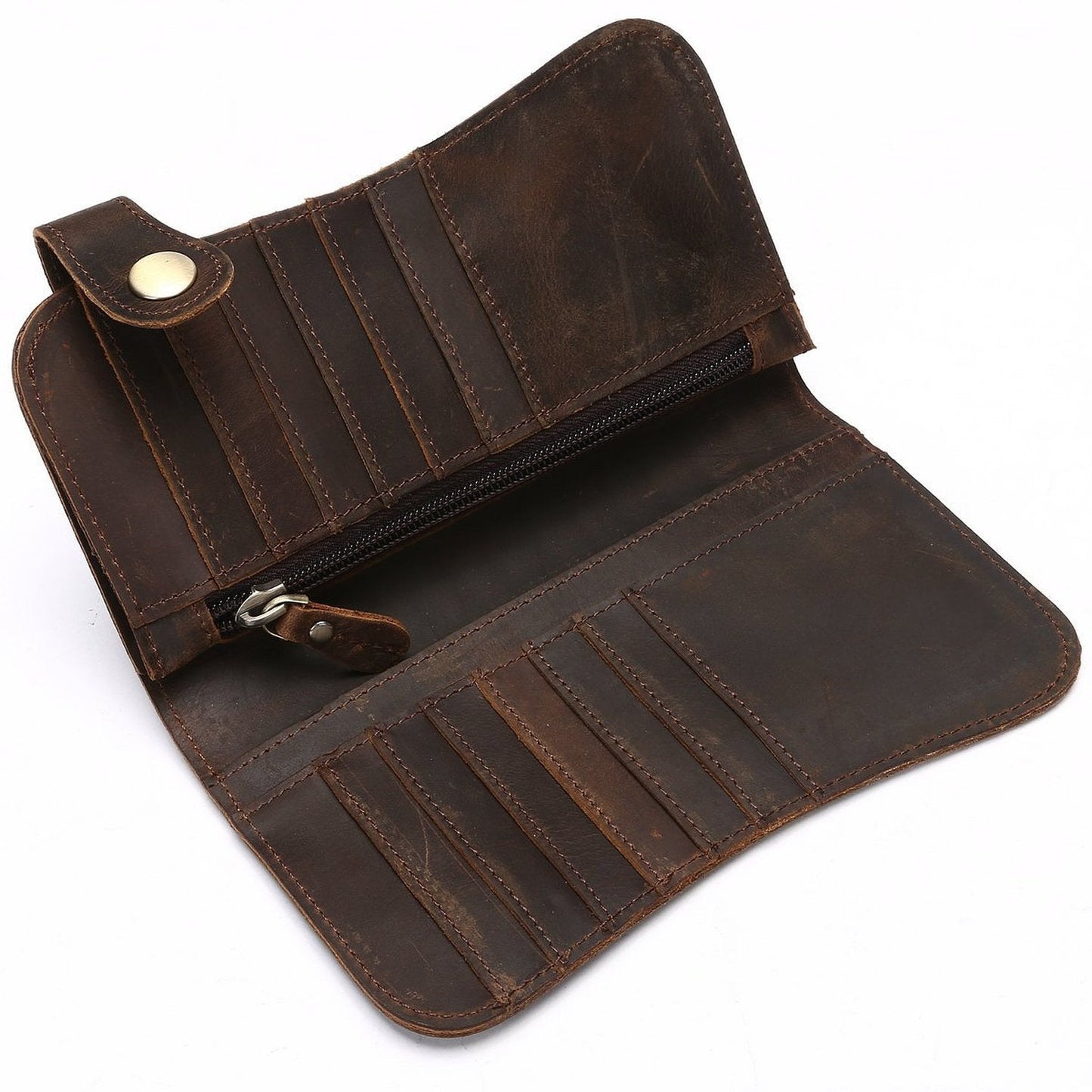 RS Mens Wallet with Chain Leather Long Bifold Trucker Wallet Vintage Biker Money Clip with Zipper(Brown w/Iron Chain)