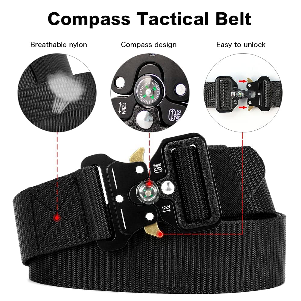 YOORAN Tactical Belts for Men 4 Pack, Compass Military Web Belt, Heavy-Duty Quick-Release Metal Buckle Riggers Belt for Men
