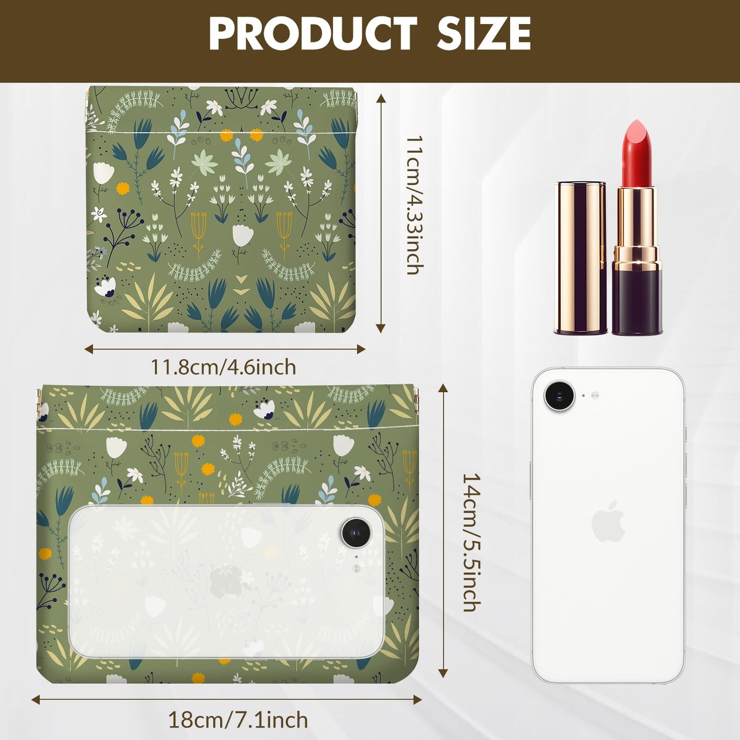 Luoycxy 2 PCS PU Leather Small Makeup Bag Set for Purse,No Zipper Self-closing Cosmetic Bag, Portable Coin Purse Lipstick Accessories Organizer Travel Toiletry Storage Pouch for Women,Green Flower