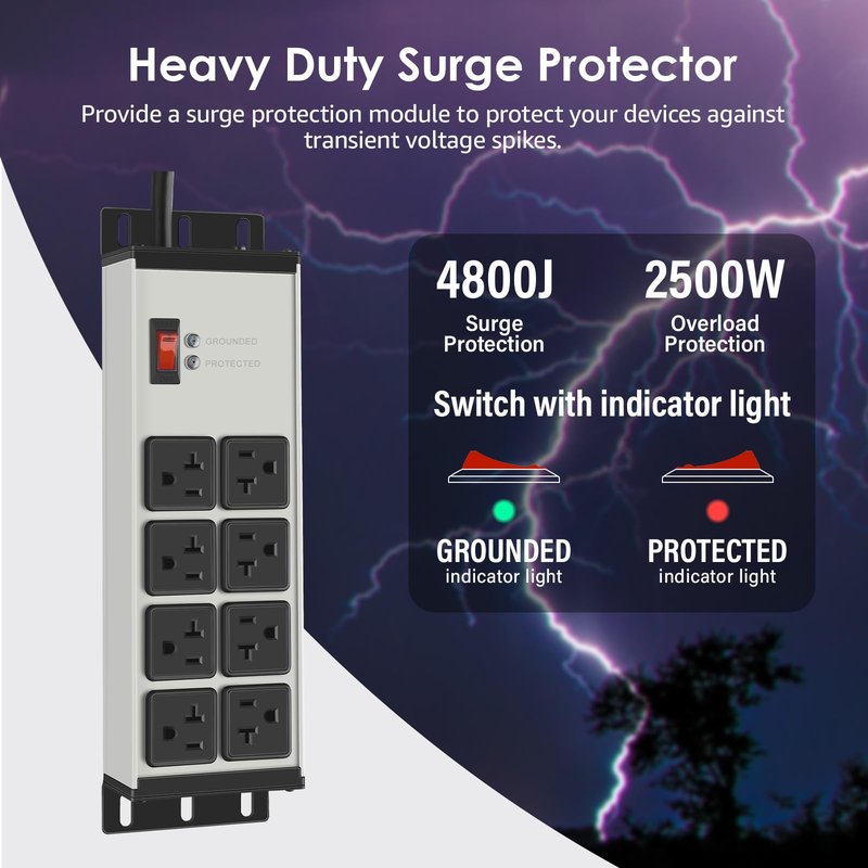CCCEI Heavy Duty Power Strip Surge Protector 20 AMP Switch, 12 Gauge Extension Cord with Multiple Outlets, Industrial, Shop, Garage High Amp Wall Mount Electric Extender. 6FT, Grey.
