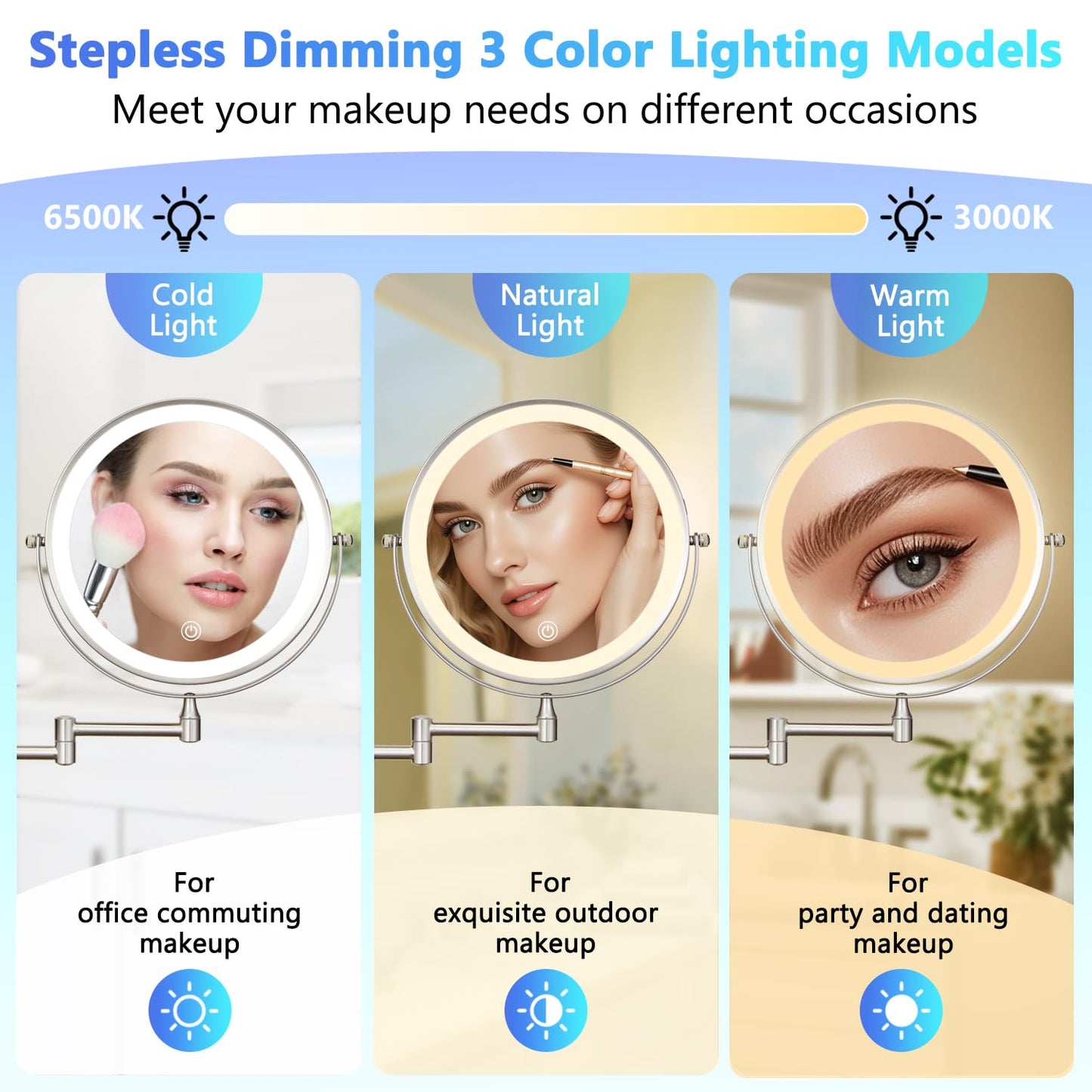 ALHAKIN 9" Wall Mounted Lighted Makeup Mirror, Large Rechargeable 1X/10X Magnifying Mirror with 3 Color Lights Dimmable, 360° Rotation, Nickel