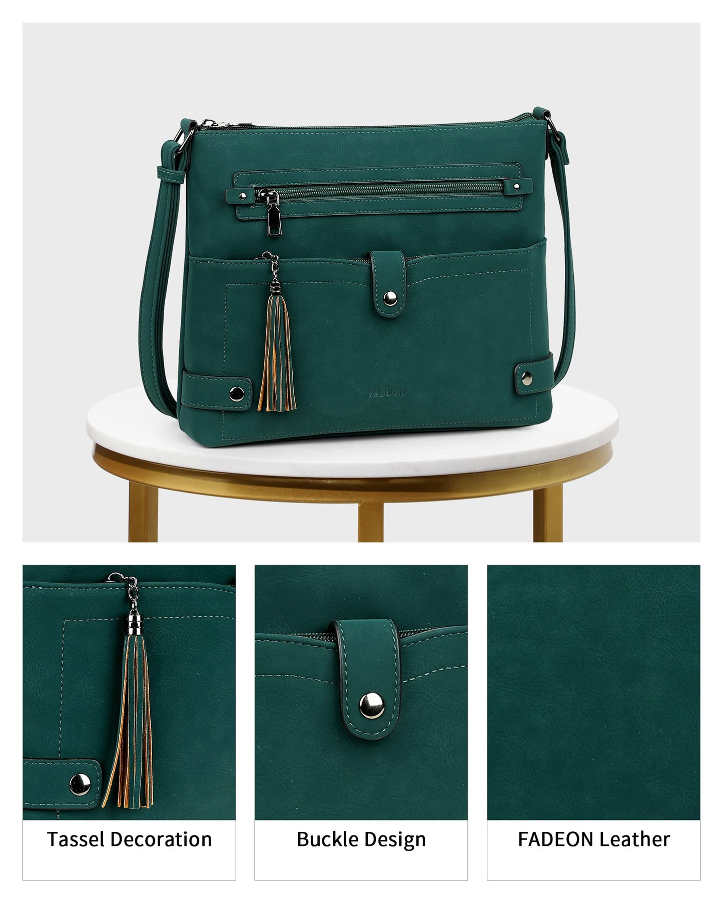 FADEON Large Crossbody Purses for Women Crossbody Bag, Leather Cross Body Purses Multi Pocket Roomy Shoulder Bag ,Dark Green Suede Style
