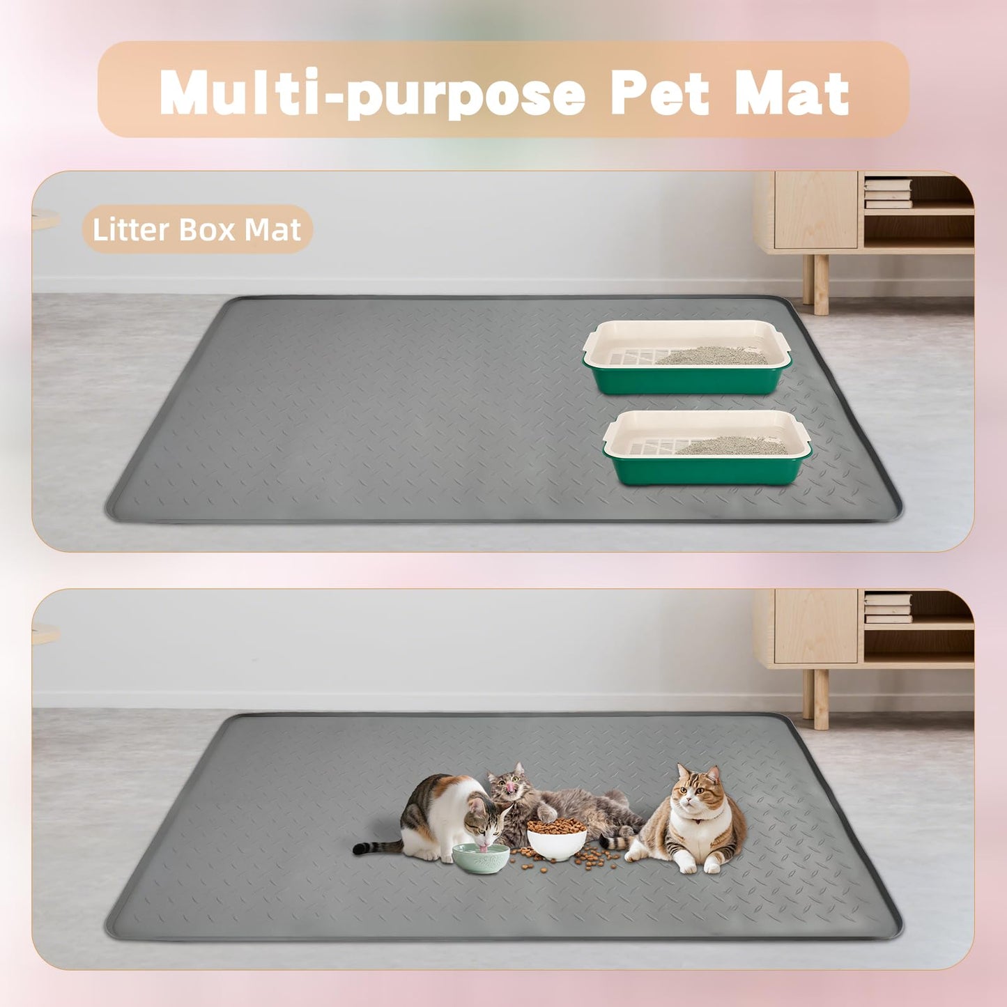 ThreeDokke XXL Silicone Cat Litter Mat, 50"x35"(127cmx89cm) Extra Litter Box for Floors, Non-Slip Litter Trapping Mat to Prevent Tracking, Easy to Clean Kitty Litter Catcher Mat, Durable, Dark Gray