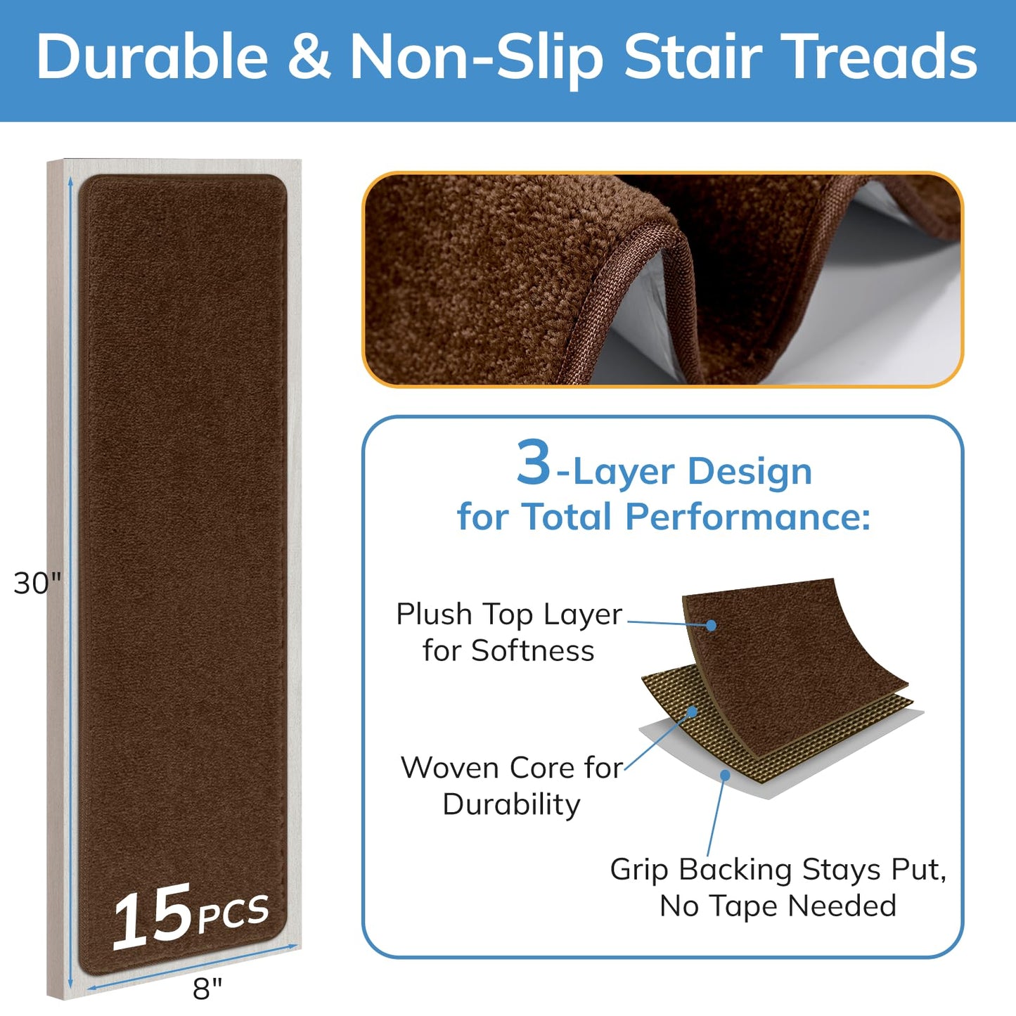 Umimile Peel and Stick Stair Treads Non Slip, Extra Thick 0.6" for Wood Steps, 15 Pack Carpet Stair Treads Indoor with Strong Adhesive, Stair Runner for Safety of Kids, Elders, Pets (Brown, 8"x30")