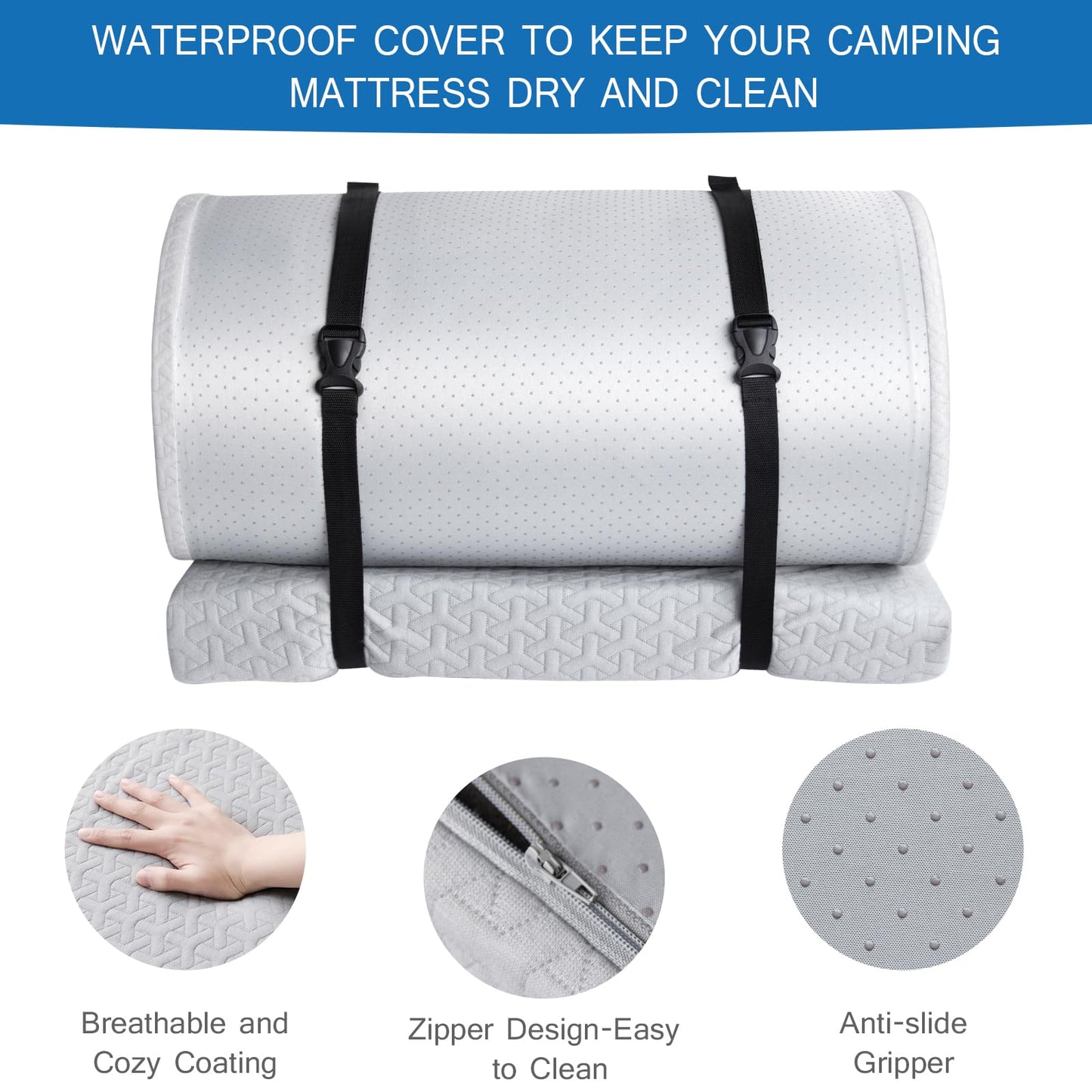 Memory Foam Camping Mattress Pad 3 Inch Thick, Soft Sleeping Pad with Waterproof Cover, Roll Up Cot Mattress Pad Topper for Travel Truck Bed Tent, Pad Only
