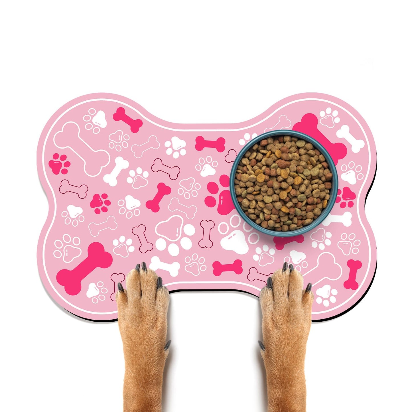 Dog & Cat Food Mat Bone Shaped Pet Feeding Mat Quick Absorb Water Bowl Placemat with Rubber Backing Indoor Floor Stain Resistant Pet Accessory Supplies (Light Pink Small, 12x18 Inches)