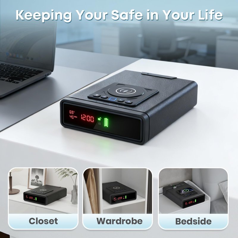 Biometric Fingerprint Gun Safe with Phone & Watch Wireless Charging, 3 Quick Access, Clock Handgun Safe with Adjustable Brightness, Backlit Keypad, Pistol safe for home, office.