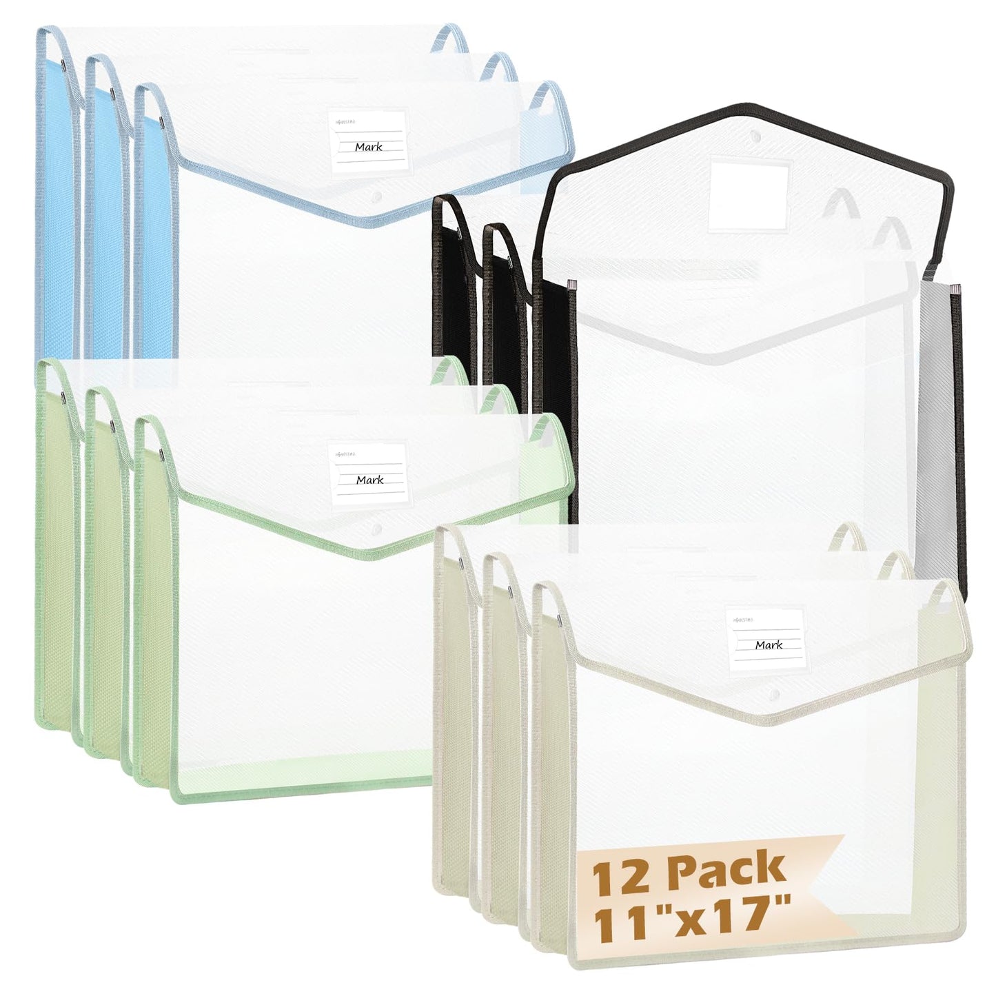 12 PCS A3 Expandable Tabloid Size Document Folder Plastic Expanding Wallet Envelopes with Snap Black Green Pink Beige Expanding File Wallet A3 with Label File Organizer Folders for Office School