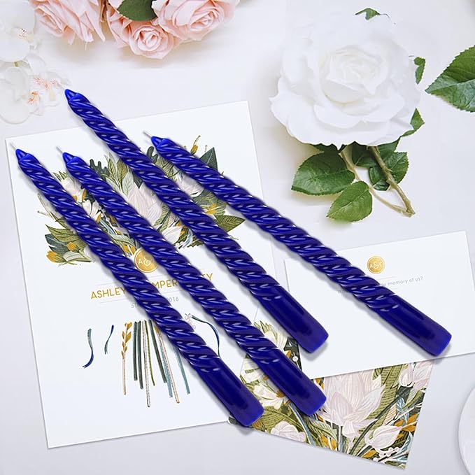 Tobeape Blue Twisted Taper Candles Set of 12, 10 Inch Tall Unscented Dripless, Smokeless Spiral Tapered Candlestick for Wedding Home Décor Dinner Hanukkah - 8 Hour Long Burning