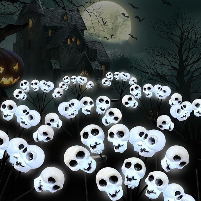 Set of 3 Halloween Skull Lights Outdoor Solar Pathway Lights with 18 Cool White LEDs for Garden Yard Lawn Patio Decorations
