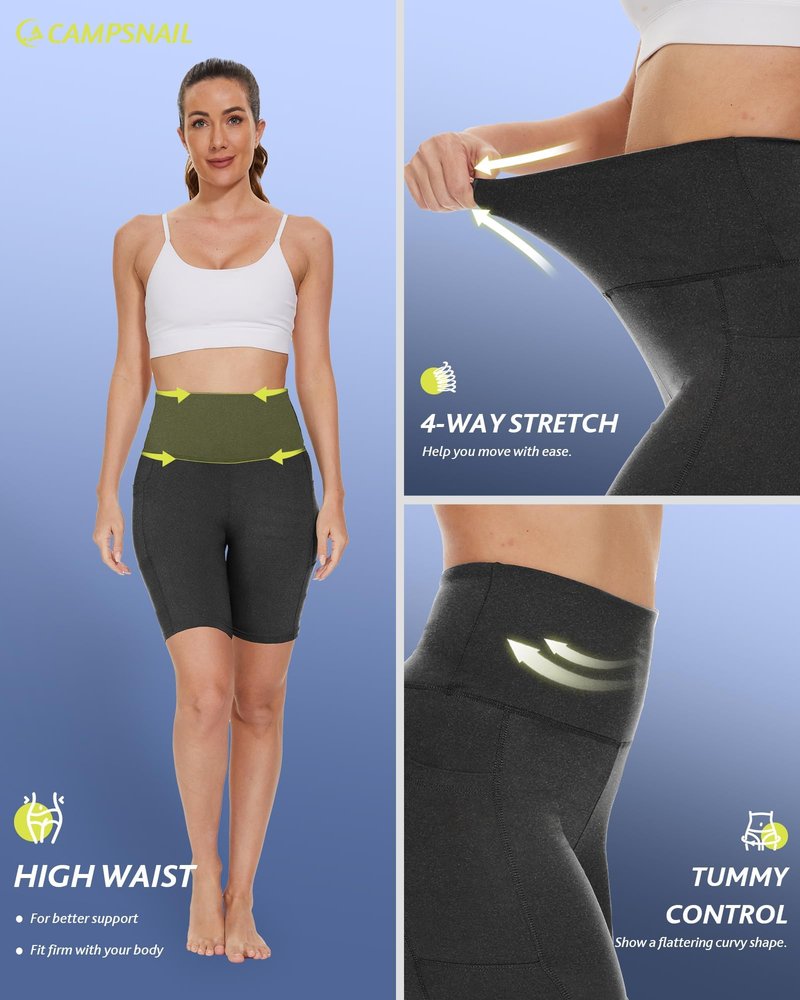 CAMPSNAIL Biker Shorts Women with Pockets - 3"/5"/8" High Waisted Workout Spandex Tummy Control Gym Running Yoga Shorts Dark Grey-Heather
