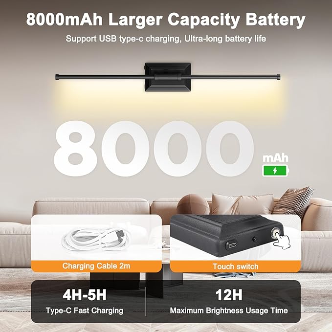 Battery Operated Wall Light Set of 1 - Black Picture Wireless Led Plug In Walls Sconce Fixture Indoor - Art Decor Bathroom Sconces Rechargeable - Modern Bedroom Cordless Lights Fixtures with Remote
