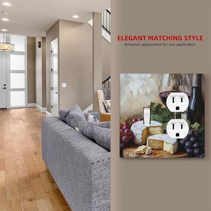 Decorative Art Light Switch Covers Wineglass & Artisanal Cheeses 2 Gang Single Toggle Duplex Combination Electrical Faceplate Switchplate Wall Plate for Home Decor