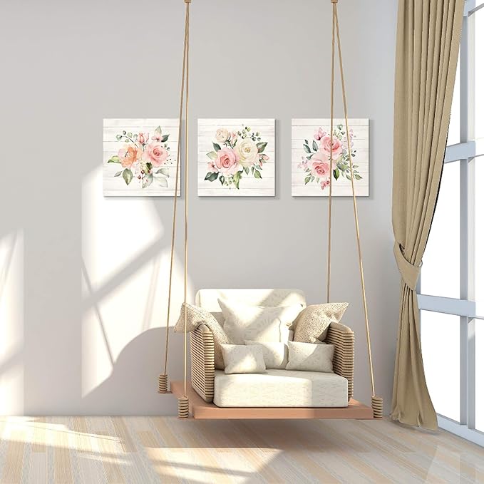 Pink Floral Canvas Wall Art: Roses Flowers Bouquet Pictures Artwork for Kitchen Bathrooms (12"x12"x3pcs)