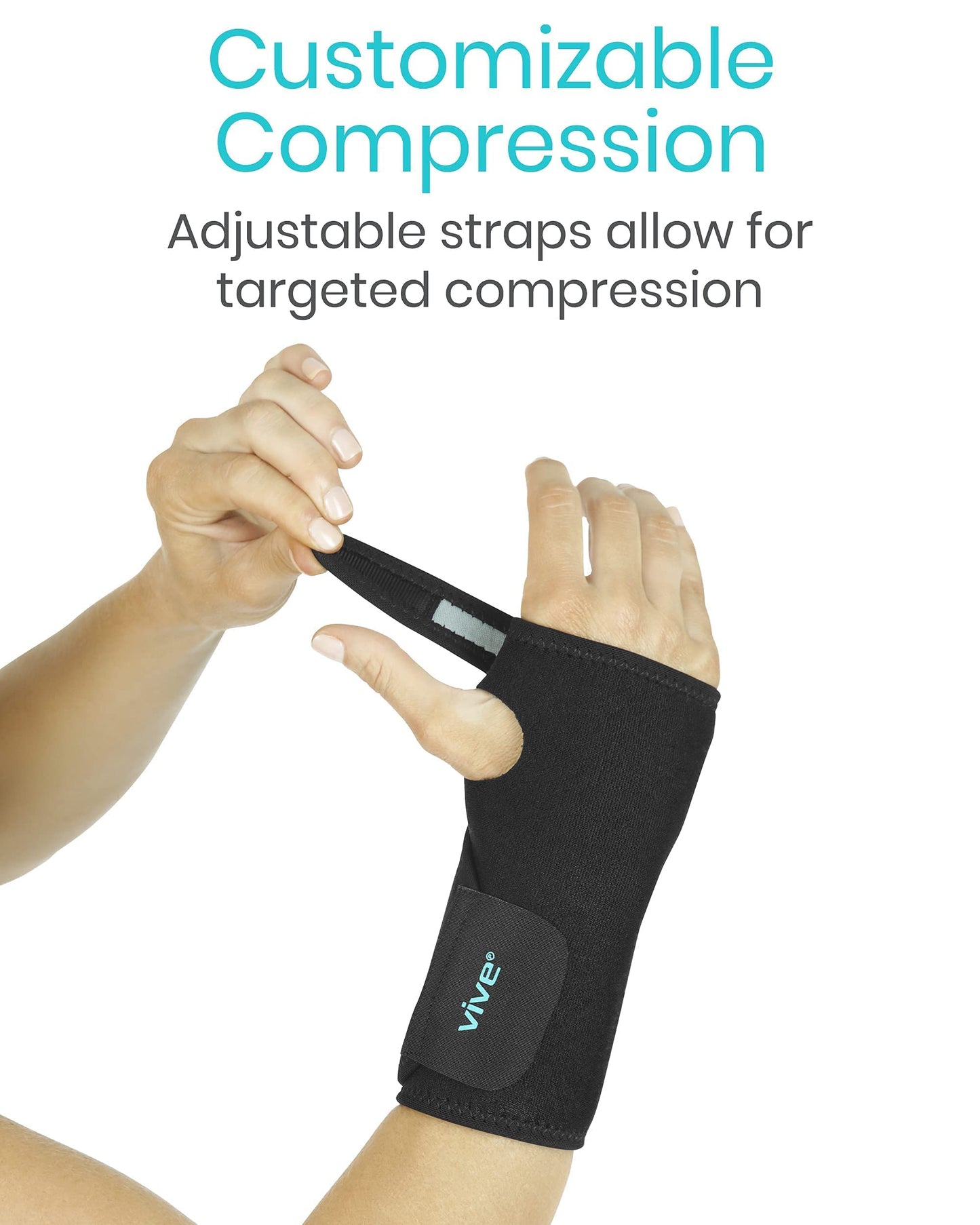 Vive Wrist Brace - Carpal Tunnel Hand Compression Support Wrap for Men, Women, Tendinitis, Bowling, Sports Injuries Pain Relief - Removable Splint - Universal Ergonomic Fit (Black, Right)