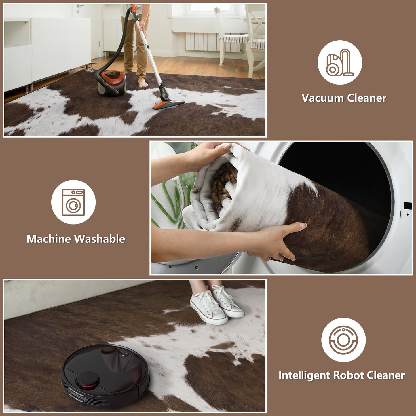 DweIke Cow Print Rug 4x6 – Brown Faux Cowhide Rugs, Washable Soft Non-Slip Stain Resistant Animal Cow Hide Carpet for Living Room Bedroom Dining Room Office, Western Home Decor