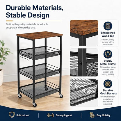 Homleke 4-Tier Rolling Kitchen Storage Cart, Utility Cart with Wooden Tabletop & Metal Baskets, Fruit Vegetable Basket for Kitchen, 3-S Hooks, Rustic Brown and Black