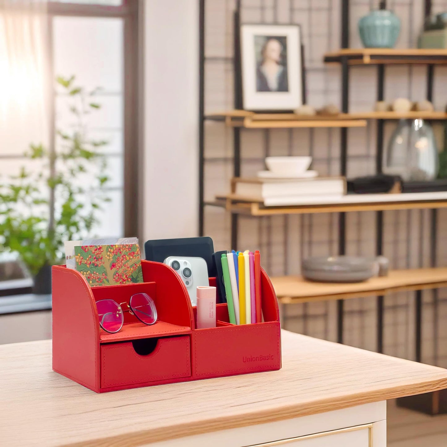 UnionBasic Desk Organizer - Multifunctional Leather Desktop Pen Holder Storage Box - Business Card/Pen/Pencil/Mobile Phone/Stationery Holder, Red