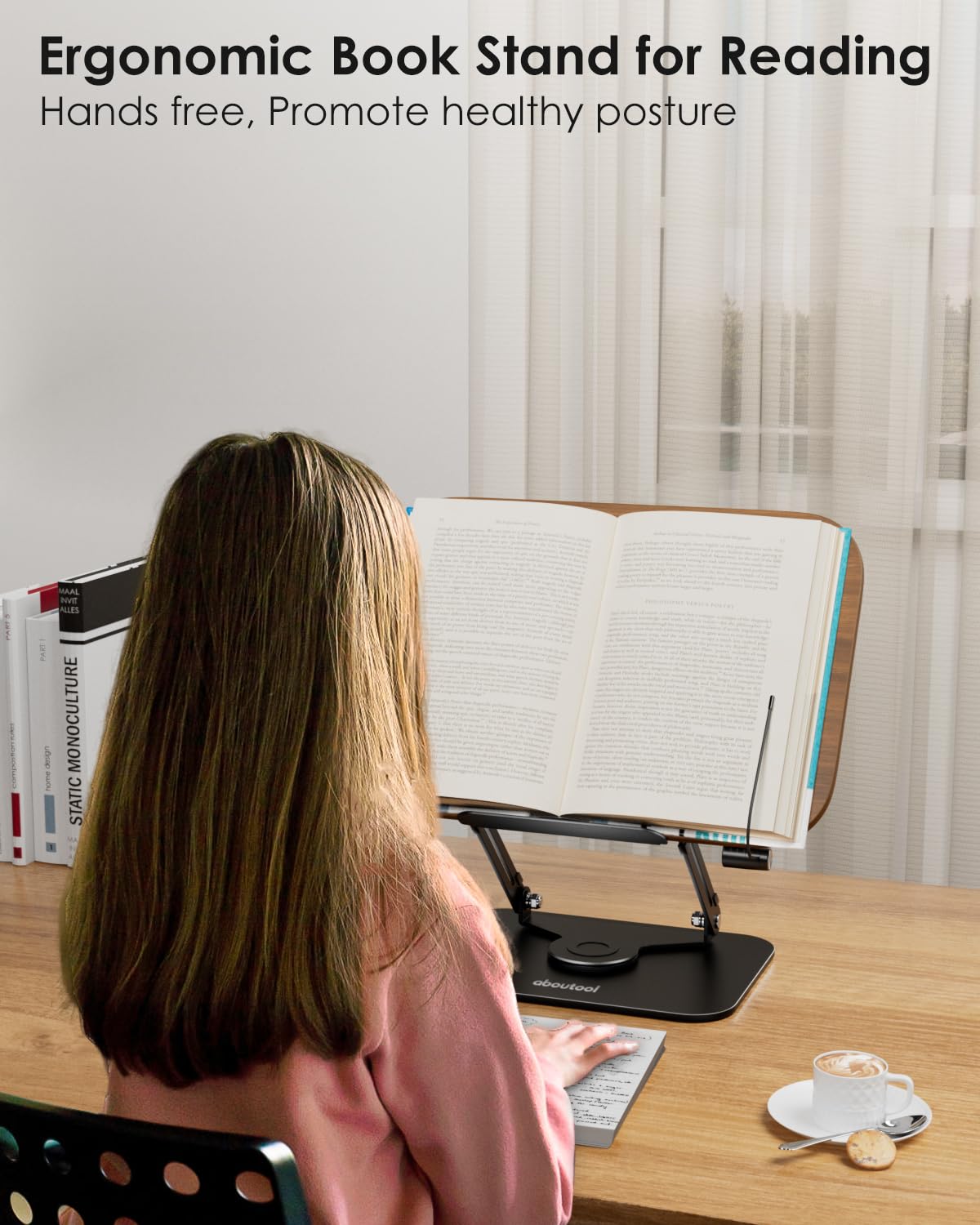 Book Stand for Reading, Aboutool Adjustable Book Holder with 360° Swivel Base & Page Clips, Foldable Cookbook Stand Textbook Stand for Music Scores, Recipe, Tablet, Laptop, Textbook