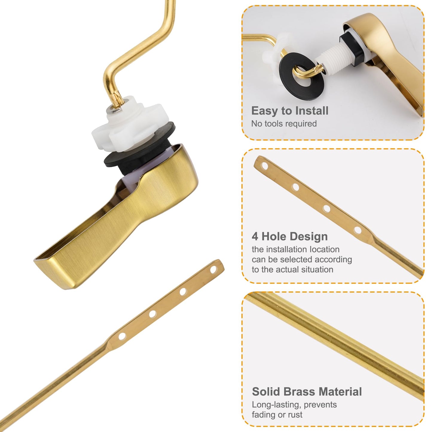 Hibbent Universal Metal Side Mount Toilet Handle Replacement Kit, Brass Toilet Flush Tank Lever with Stainless Steel Flapper Chains for Most Toilets, Brushed Gold