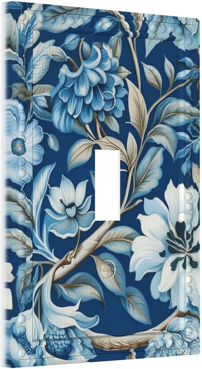 Blue Flowers Branches Leaves Floral Pattern Light Switch Covers 1 Gang Single Toggle Wall Plate Decorative Switchcover Electrical Switchplate for Country Living Decor