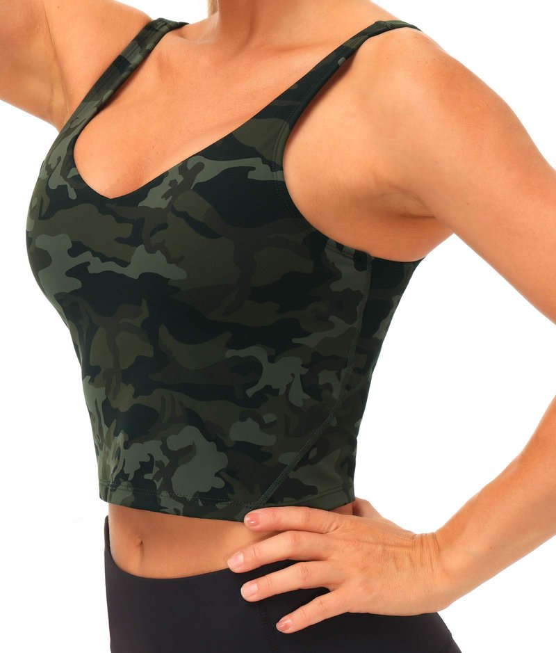 Women’s Longline Sports Bra Wirefree Padded Medium Support Yoga Bras Gym Running Workout Tank Tops Green Camo