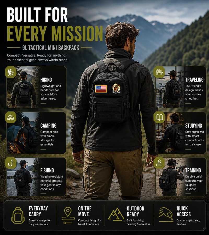 flipfit 9L Mini Tactical Backpack Small Military Gym Bag for Men Women Molle Daypack Camping Backpack with Patch (Black)