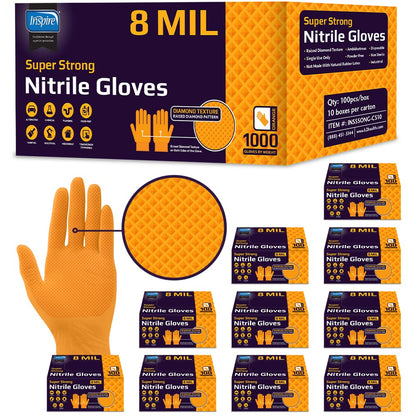 Inspire Heavy Duty Orange Nitrile Gloves | ULTRA 8 Mil Diamond Textured Grip | Industrial Mechanic Disposable Cleaning Gloves Medium, 1000 Count