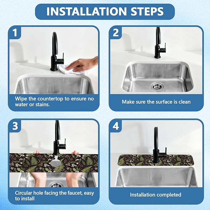 2 Pcs Kitchen Sink Splash Guard Faucet Mats Vintage Fern and Berries Pattern