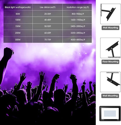 4 Pack 300W LED Black Flood Light, Outdoor with Plug and Switch, IP66 Waterproof Blacklight for Glow Party, Halloween, Fluorescent Poster, Body Paint, Aquarium