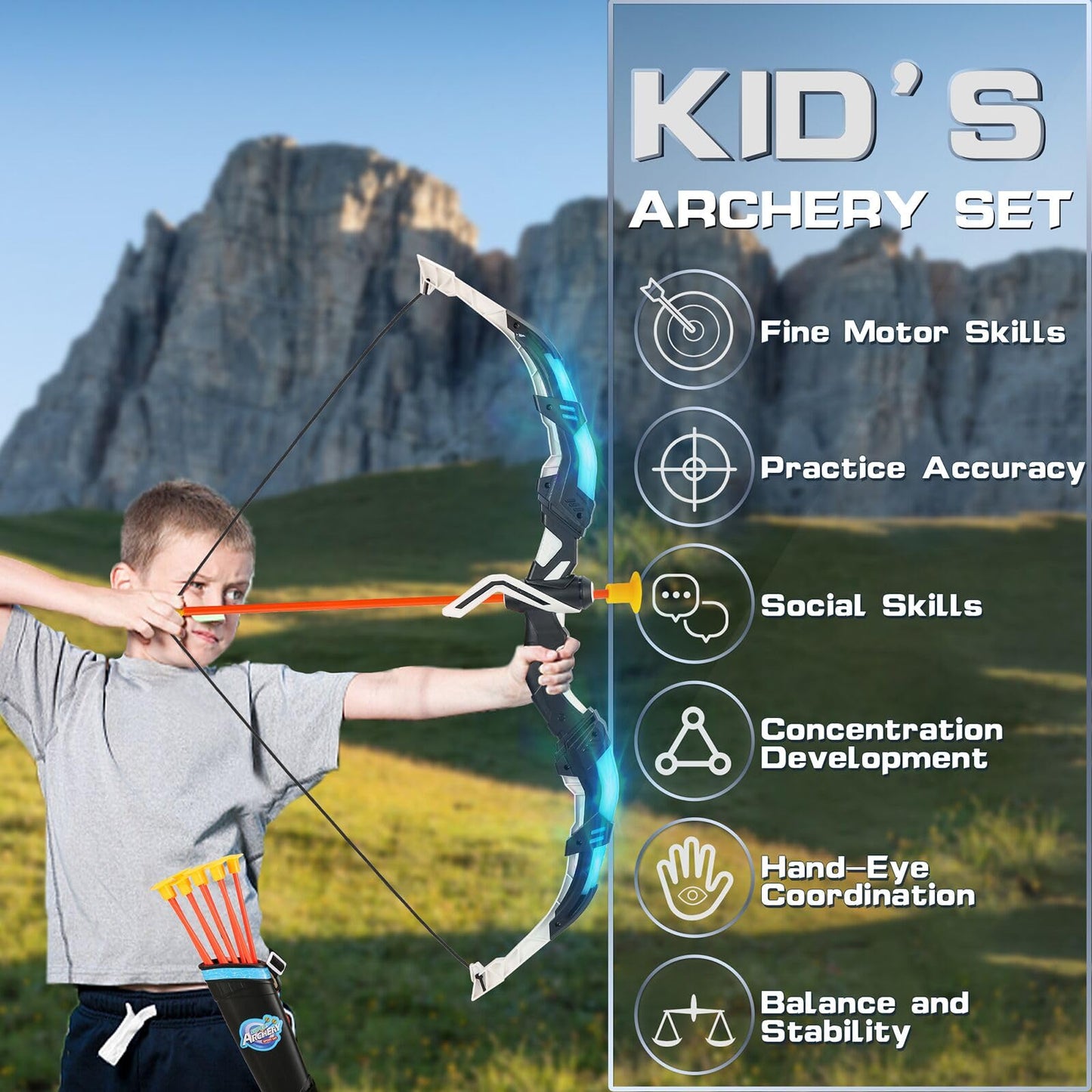 Handwell Bow and Arrow Set for Kids LED Light Up Archery Set with 10 Suction Cup Arrows Indoor Outdoor Toys with Standing Target & Quiver, Xmas Birthday Gifts for Boys Girls Age 4-8 8-12