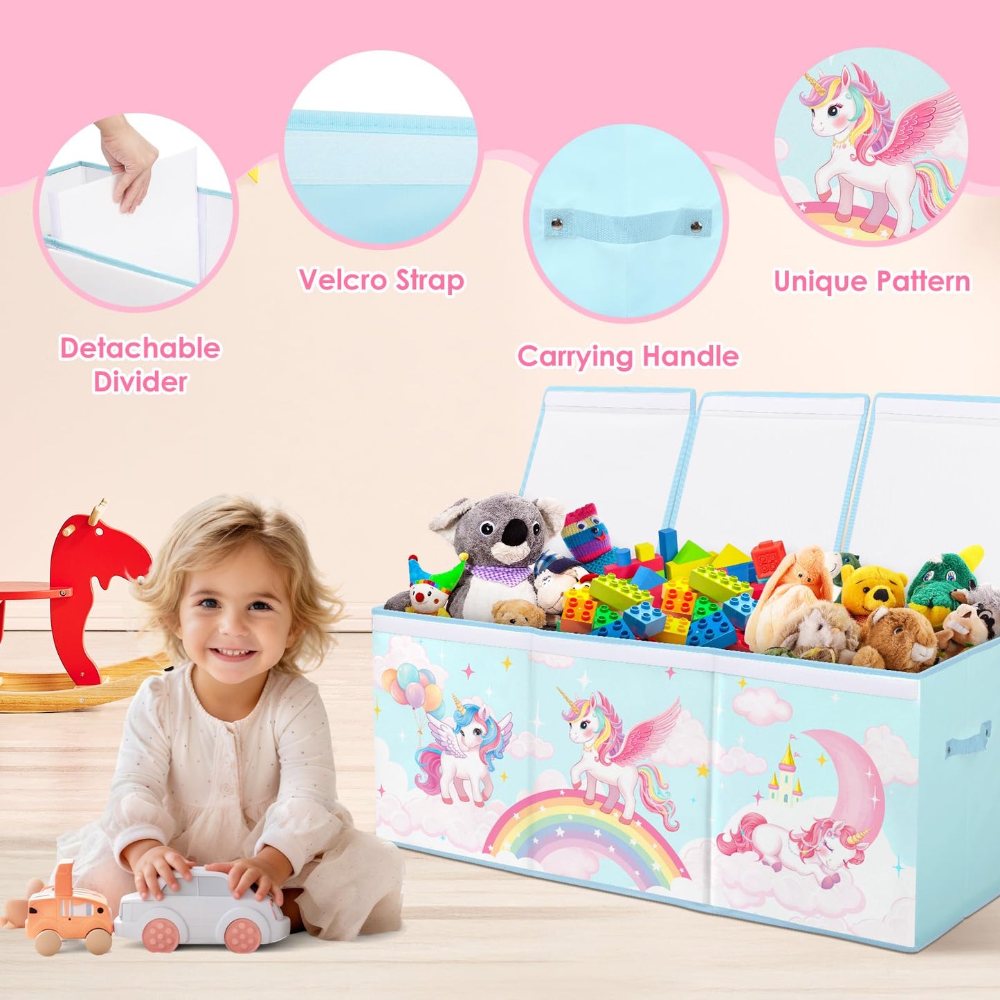 Toy Storage Bin with Lids,Extra Large Toy Box Chest with Handles for Kids Boys Girls,Collapsible Storage Organizer Box Bin Basket for Bedroom,Playroom, Nursery,37.8"x12.6" x15.7",Rainbow Unicorn